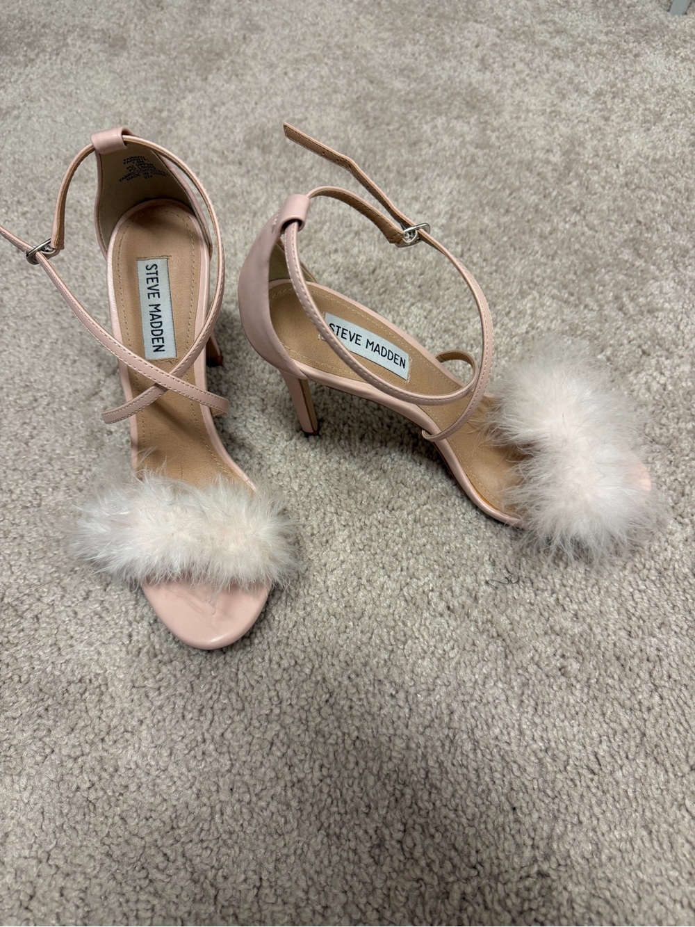 Steve Madden Blush Pink Feather-Trim Ankle-Strap Heels